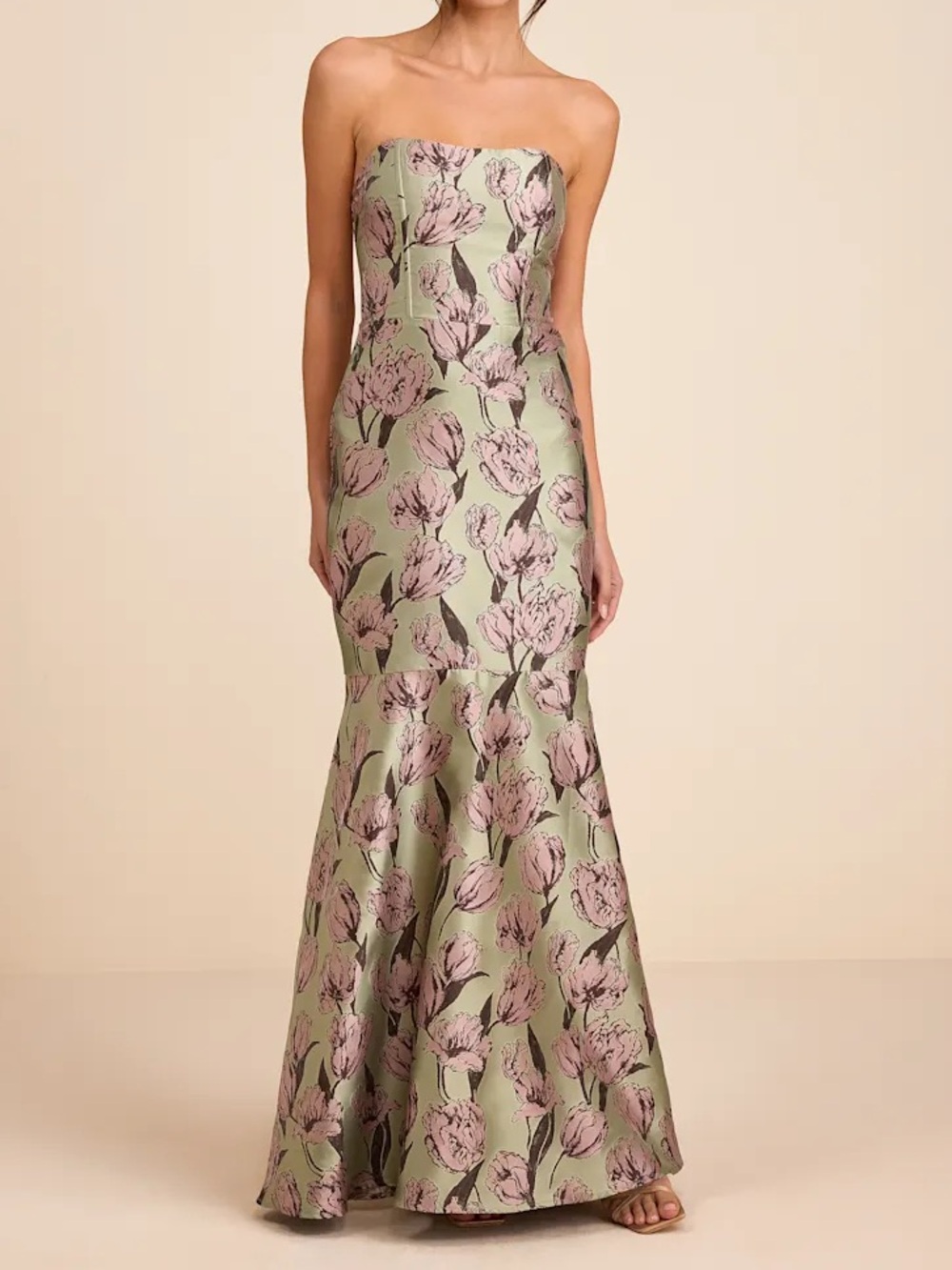 Gowning Around Sage Floral Jacquard Strapless Maxi Dress